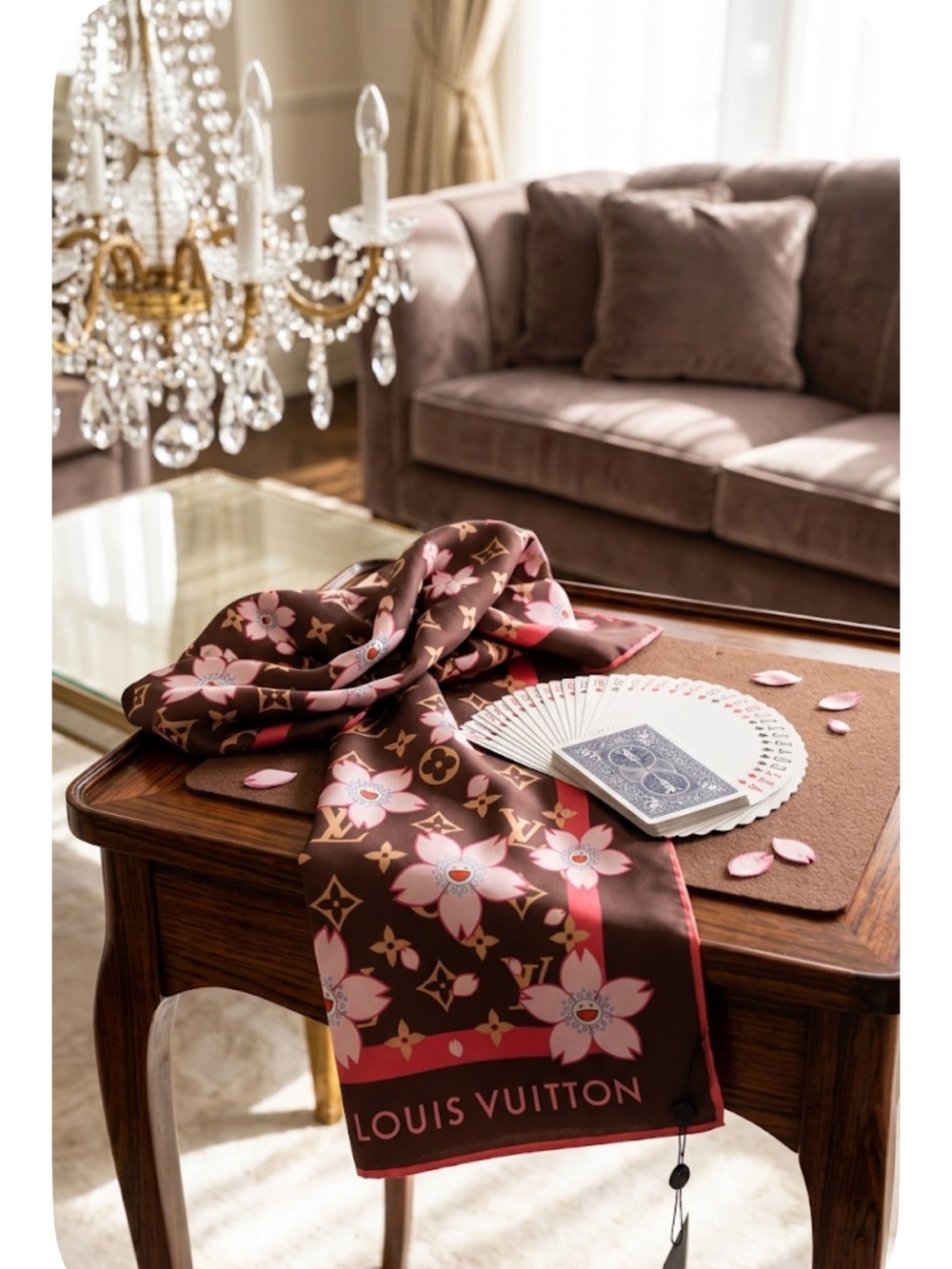 Louis Vuitton Brown & Pink Monogram Floral Silk Scarf with Red Border